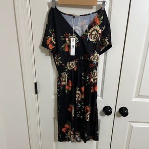 ULTRANICE Fall Casual Short Sleeve V Neck Swing Midi Dress with Pockets - Small